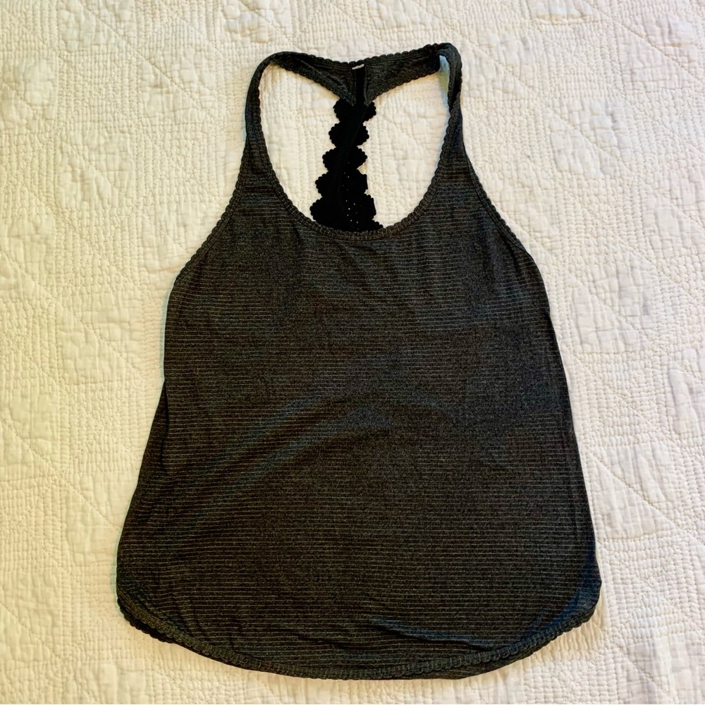 Lululemon racerback top, grey with black crochet lace detail on back